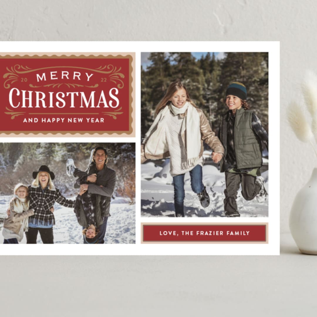 "Vintage Labels" - Holiday Cards in Cranberry by Jill Means - Front