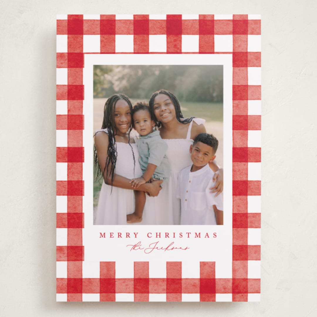 "Merry Gingham" - Holiday Cards in Santa Suit by Brooke Chandler - Front