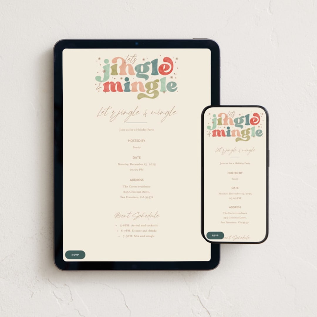 "Jingle and mingle type" - Online Holiday Party Invitations in Pine Needles by Creo Study - Mobile + desktop layout