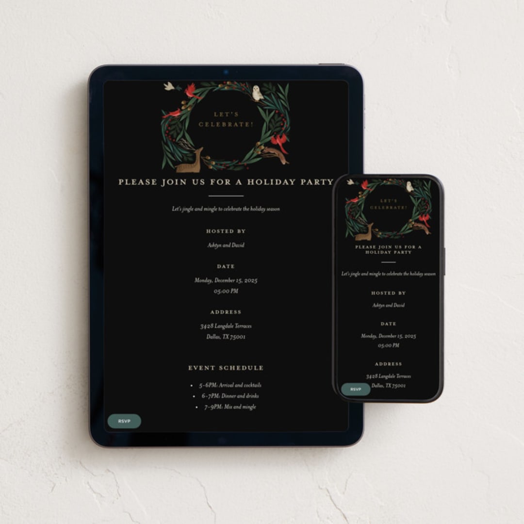 "holiday faunae" - Online Holiday Party Invitations in Holly Berry by Grae - Mobile + desktop layout