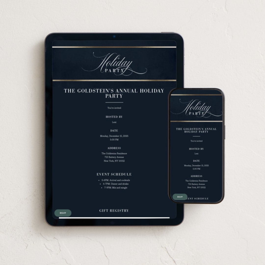 "Refinement" - Online Holiday Party Invitations in Midnight by Jennifer Lew - Mobile + desktop layout