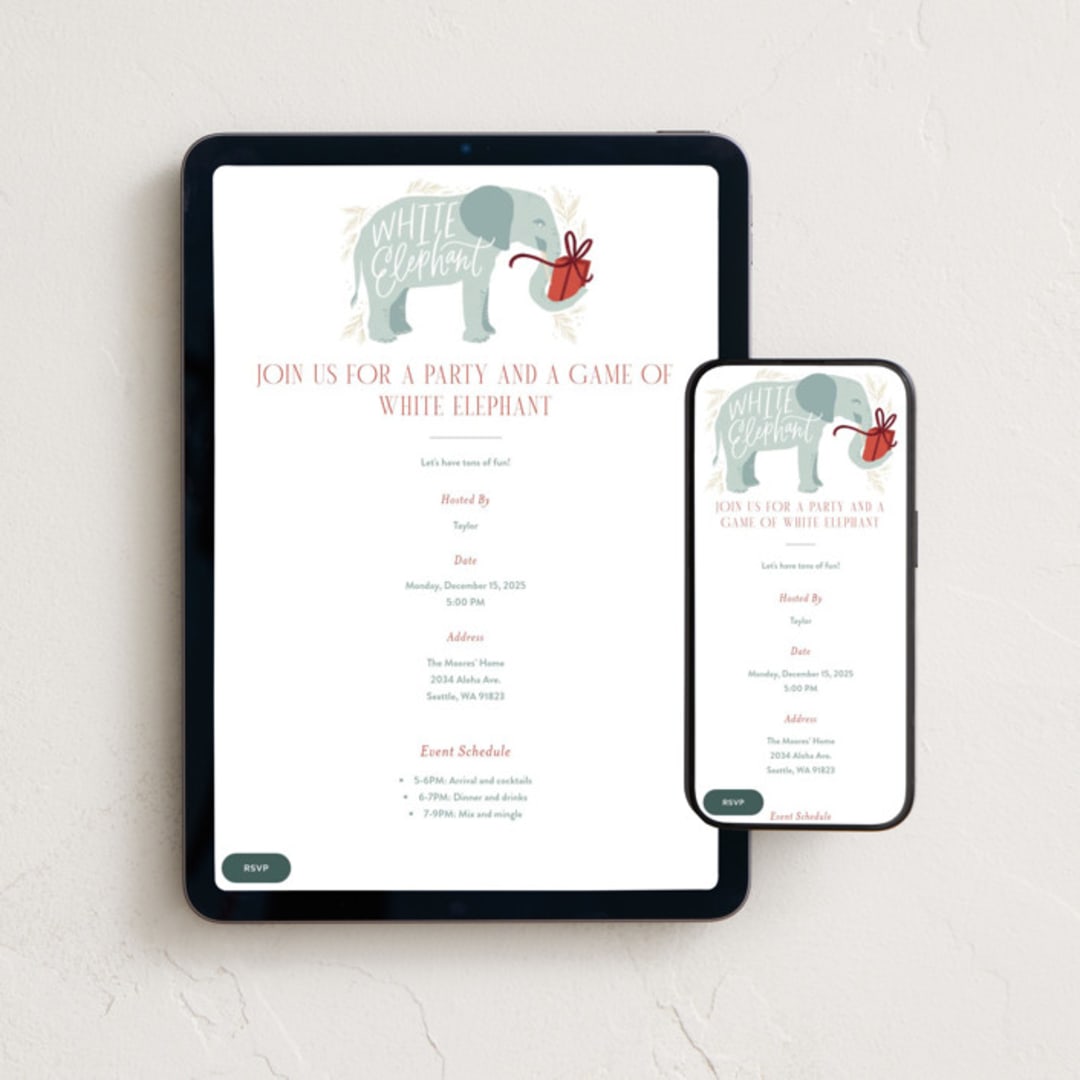 "White Elephant Present" - Online Holiday Party Invitations in Juniper by Alethea and Ruth - Mobile + desktop layout
