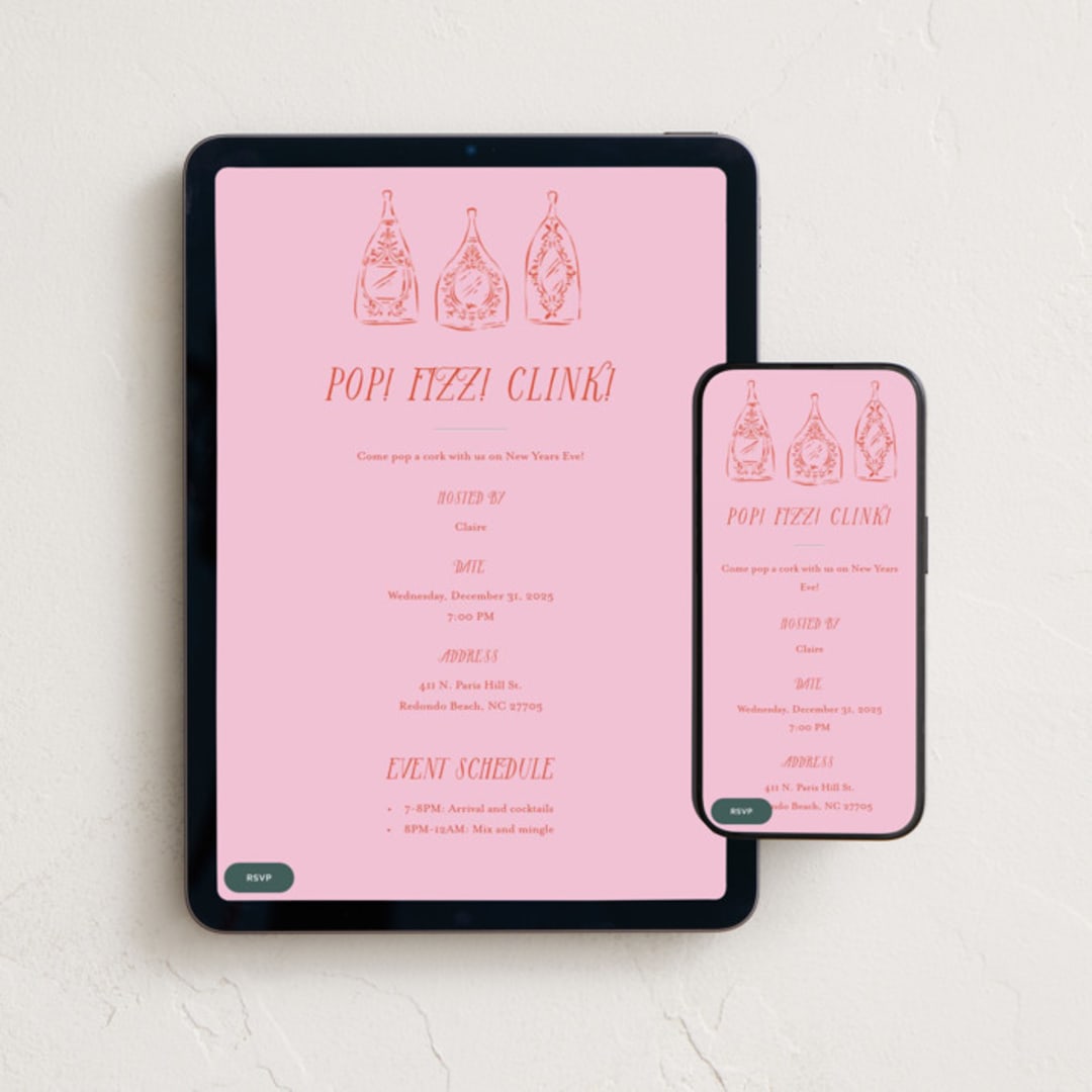 "Champagne Party Pop" - Online Holiday Party Invitations in Ruby by Jackie Crawford - Mobile + desktop layout