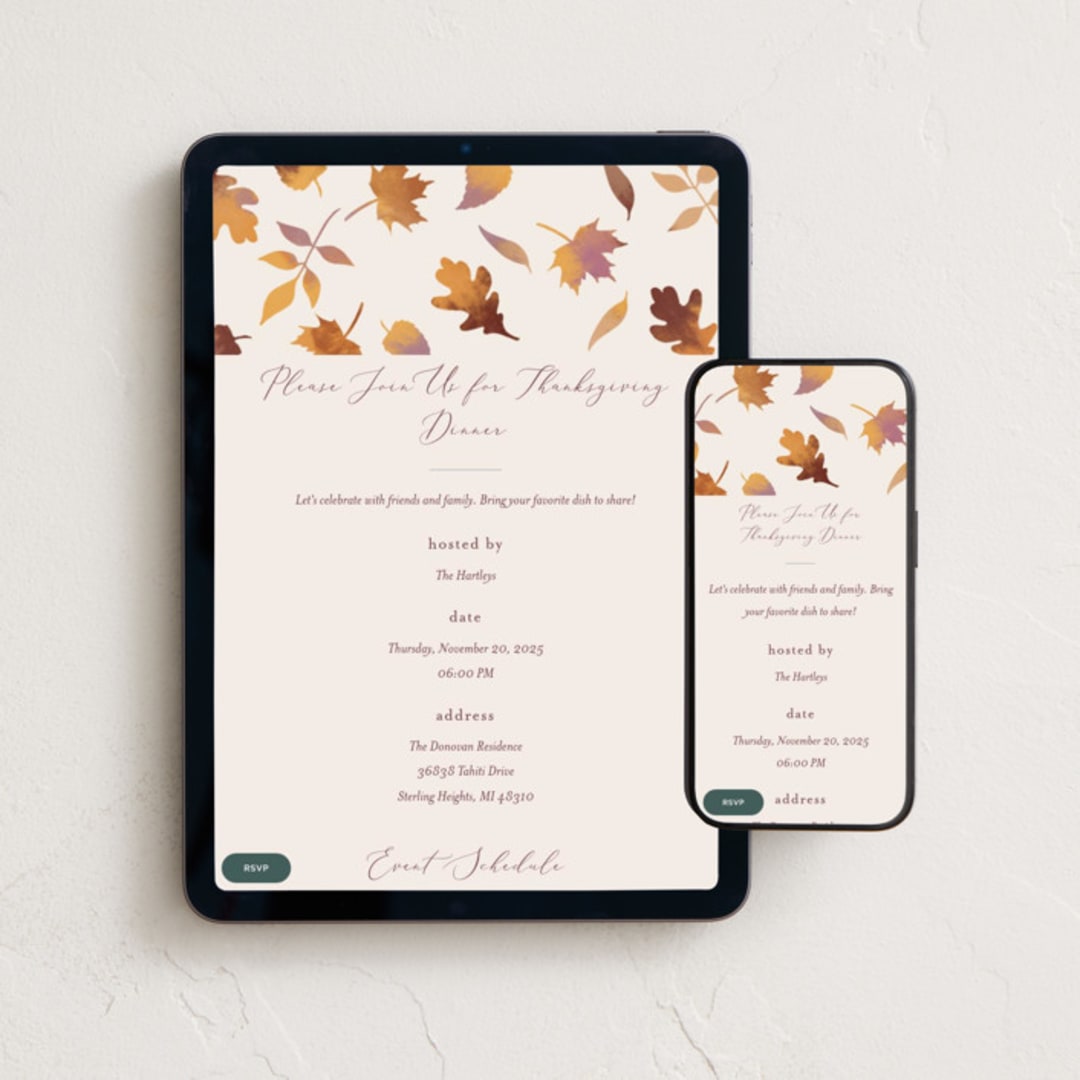 "Autumn Leaves" - Online Holiday Party Invitations in Parchment by Jamie Alexander - Mobile + desktop layout