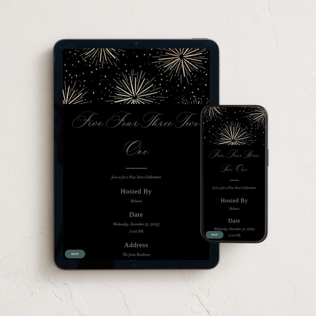 "Firecracker Delight" - Online Holiday Party Invitations in Eclipse by Everett Paper Goods - Mobile + desktop layout