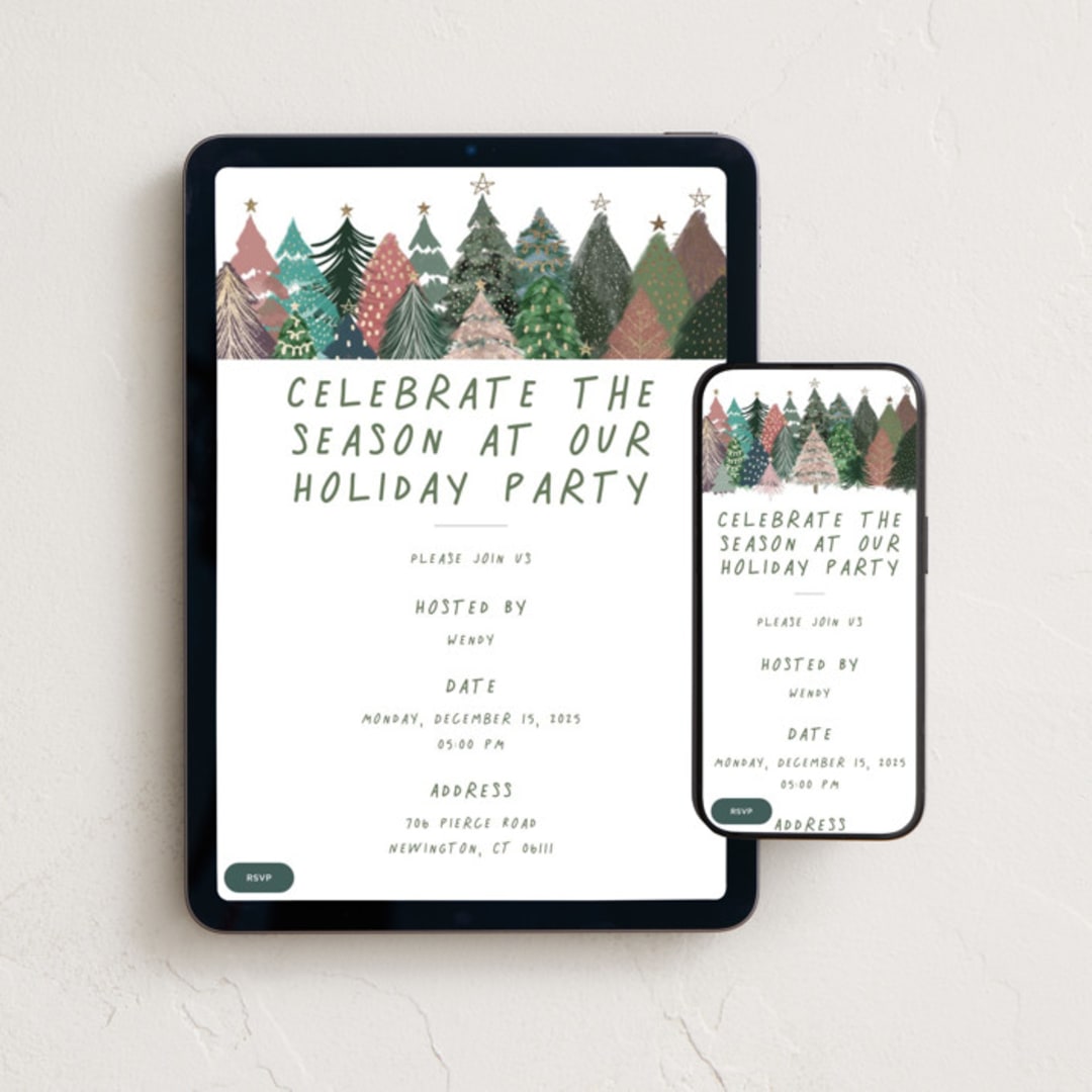 "Holiday Trees" - Online Holiday Party Invitations in Forest by Anne Ciotola - Mobile + desktop layout