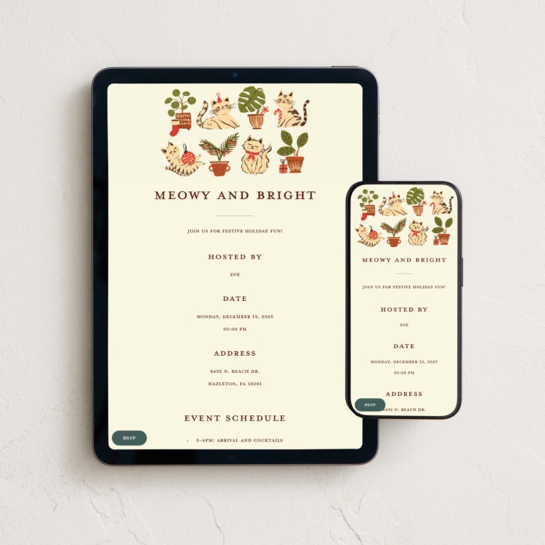 "Christmas with Cats" - Online Holiday Party Invitations in Champagne by Vivian Yiwing - Mobile + desktop layout