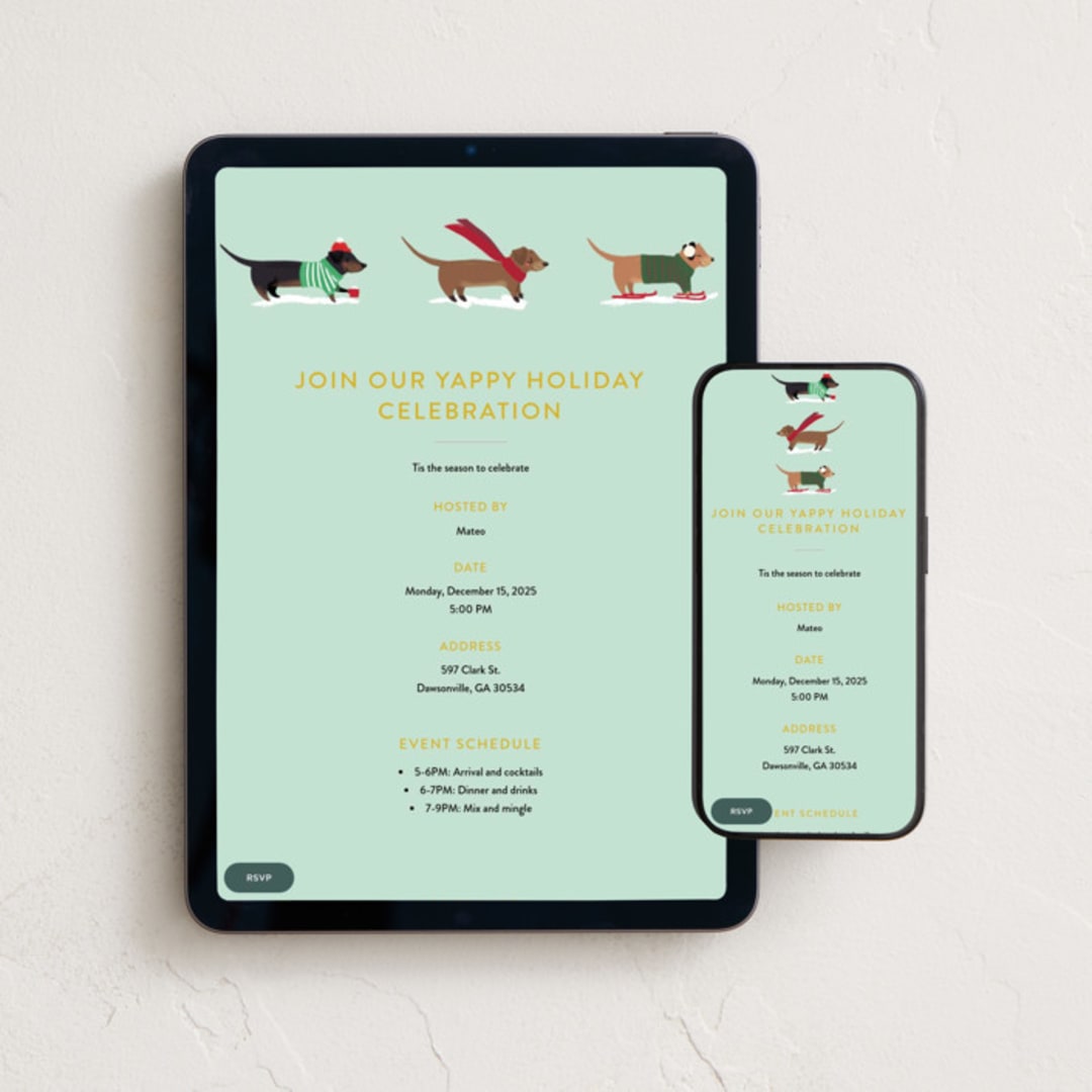 "Dachshund Through the Snows" - Online Holiday Party Invitations in Mint by Itsy Belle Studio - Mobile + desktop layout