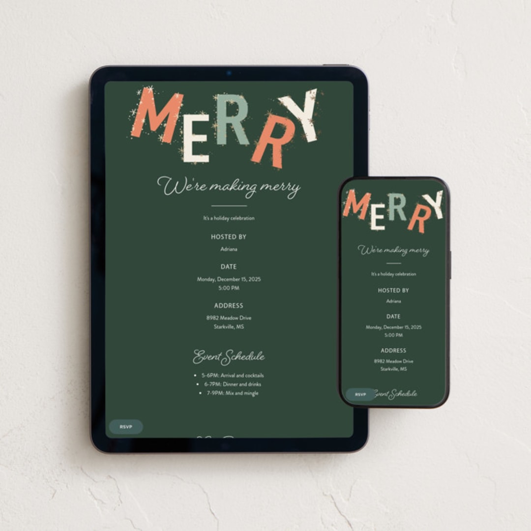 "Merry & Bright Stars" - Online Holiday Party Invitations in Evergreen by Hannah Williams - Mobile + desktop layout