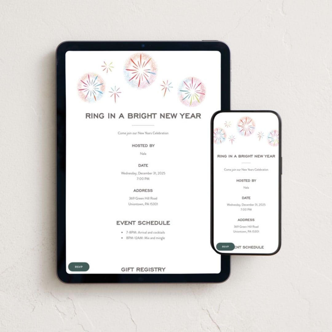 "Fireworks" - Online Holiday Party Invitations in Confetti by Jen Banks - Mobile + desktop layout