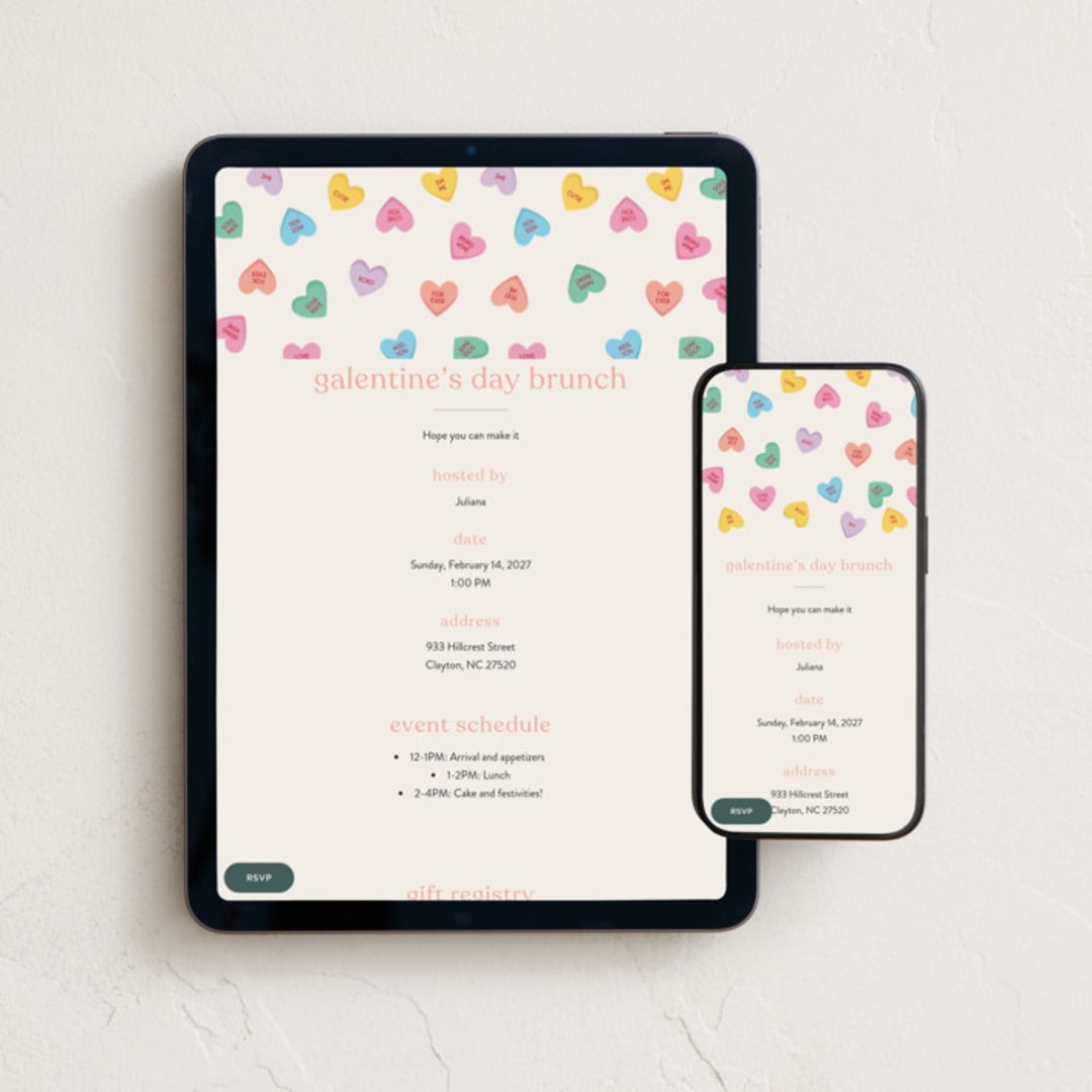 "candy hearts" - Online Holiday Party Invitations in Pastel by Ellen Schlegelmilch - Mobile + desktop layout