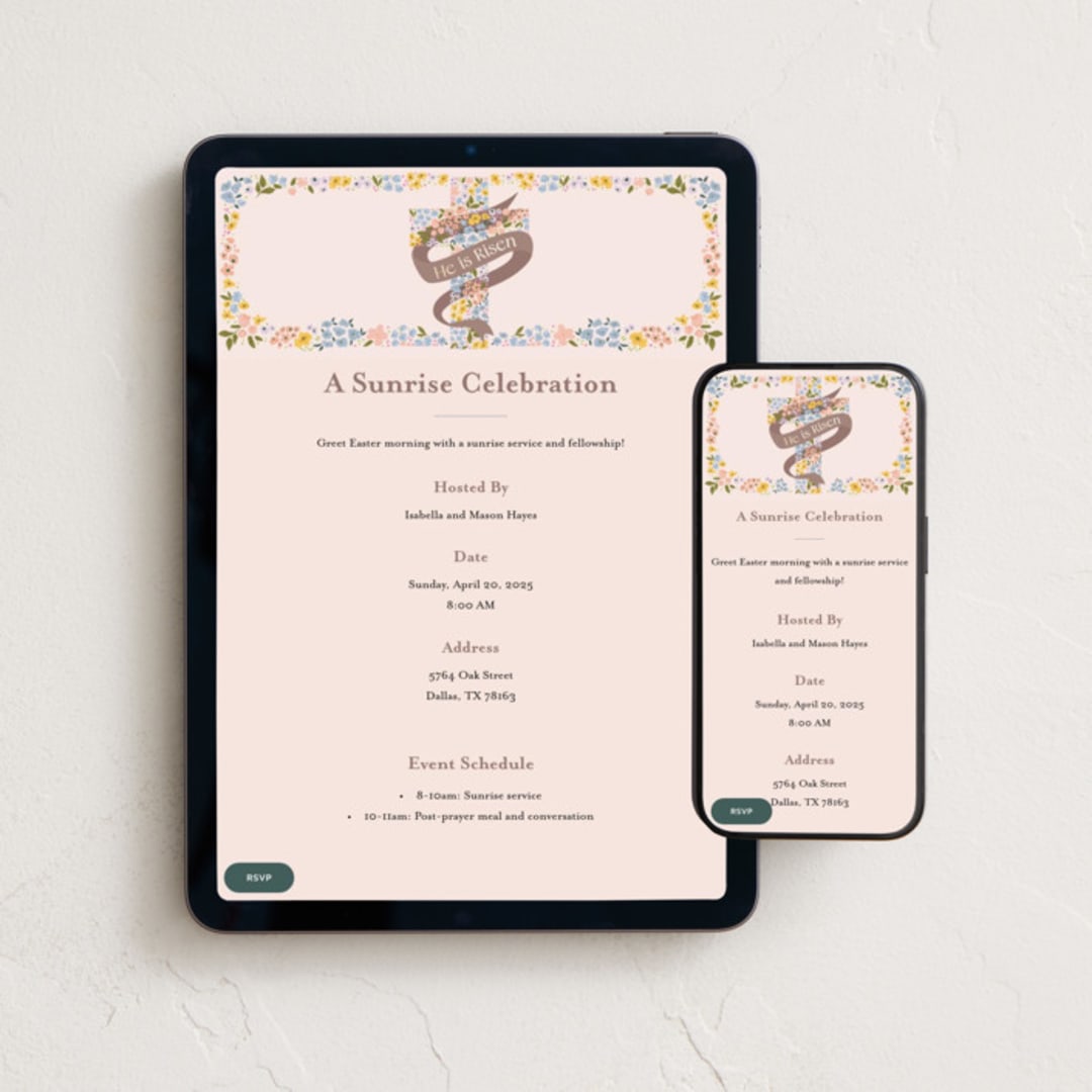 "Floral Cross." - Online Holiday Party Invitations in Rose Quartz by Vera Lim - Mobile + desktop layout