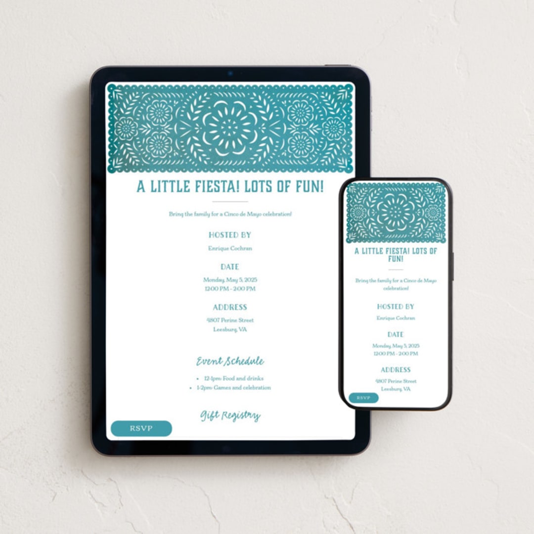 "Papel Picado Fiesta" - Online Holiday Party Invitations in Teal by Hooray Creative - Mobile + desktop layout