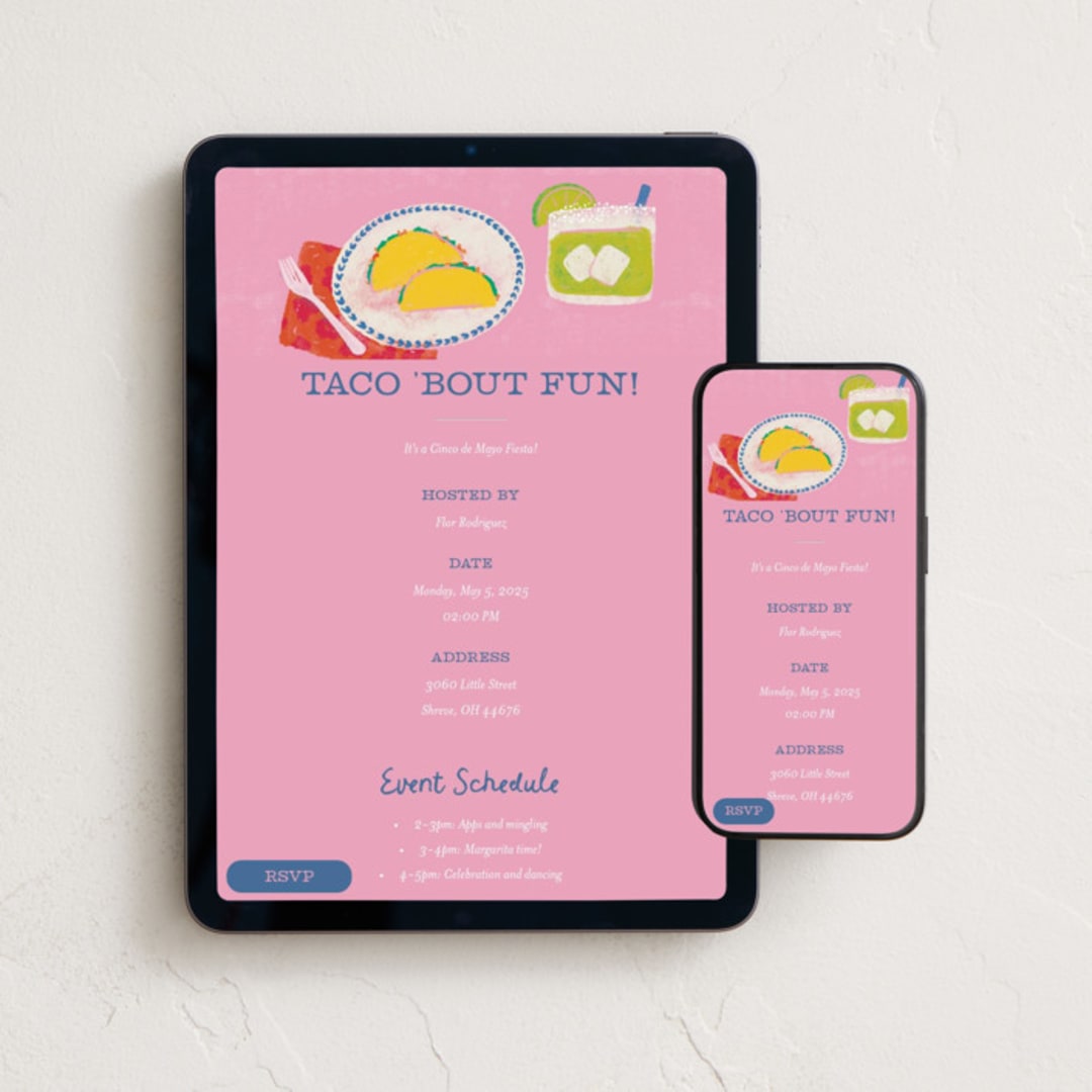 "Tacos and Tequila" - Online Holiday Party Invitations in Rosa by Jenna Holcomb - Mobile + desktop layout