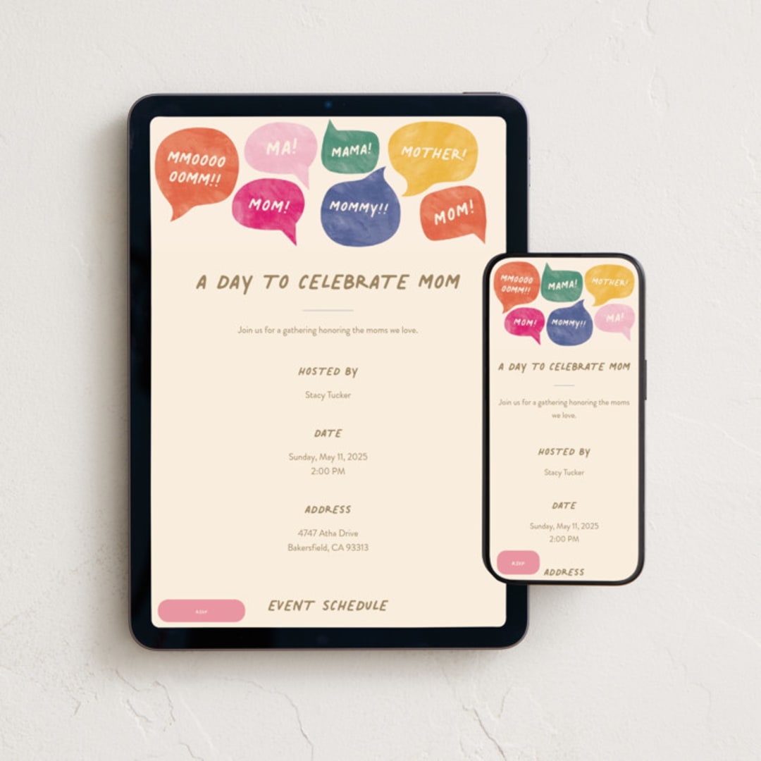 "MOM!" - Online Holiday Party Invitations in Candy by Pixel and Hank - Mobile + desktop layout