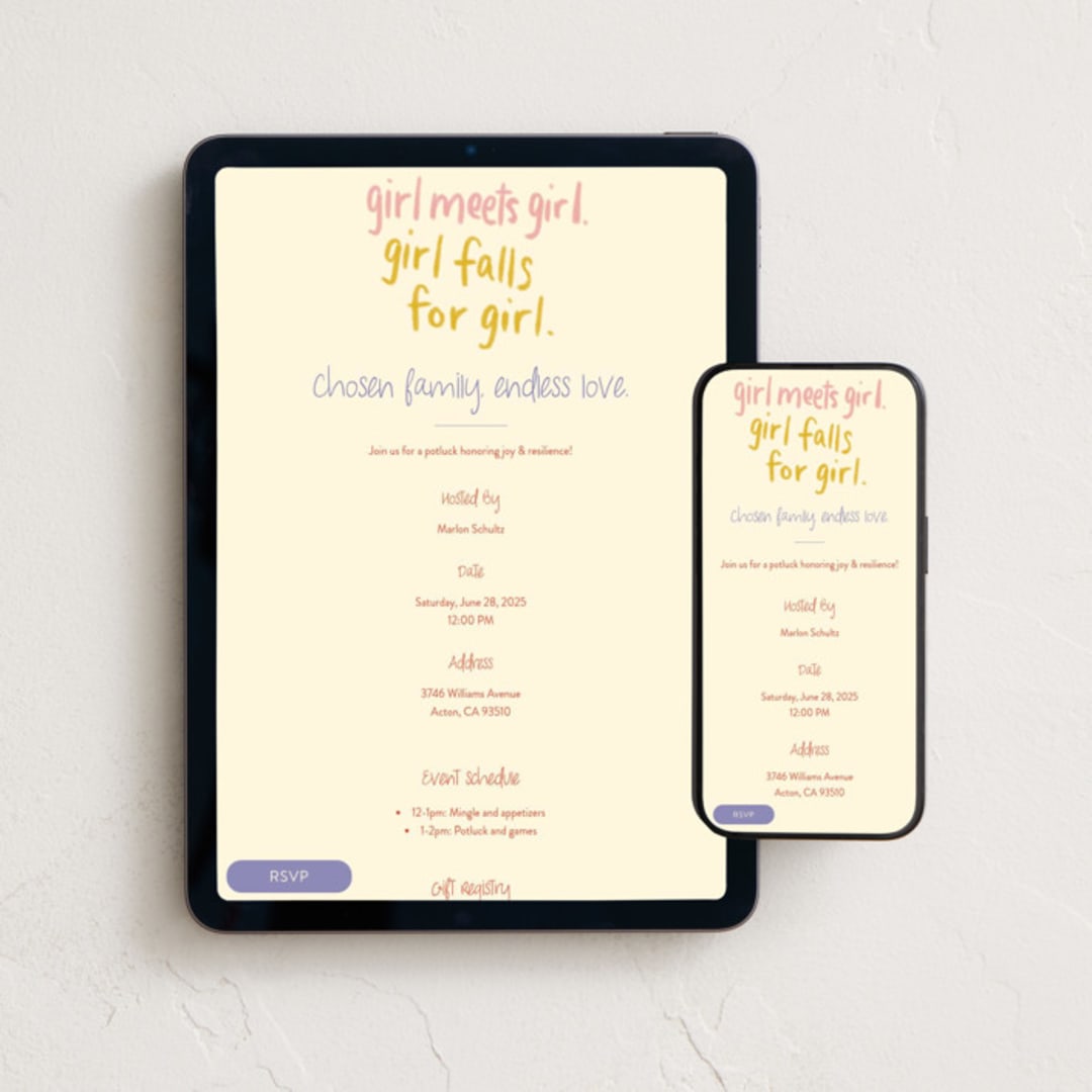 "Girl Meets Girl" - Online Holiday Party Invitations in Daisy by Inkblot Design - Mobile + desktop layout