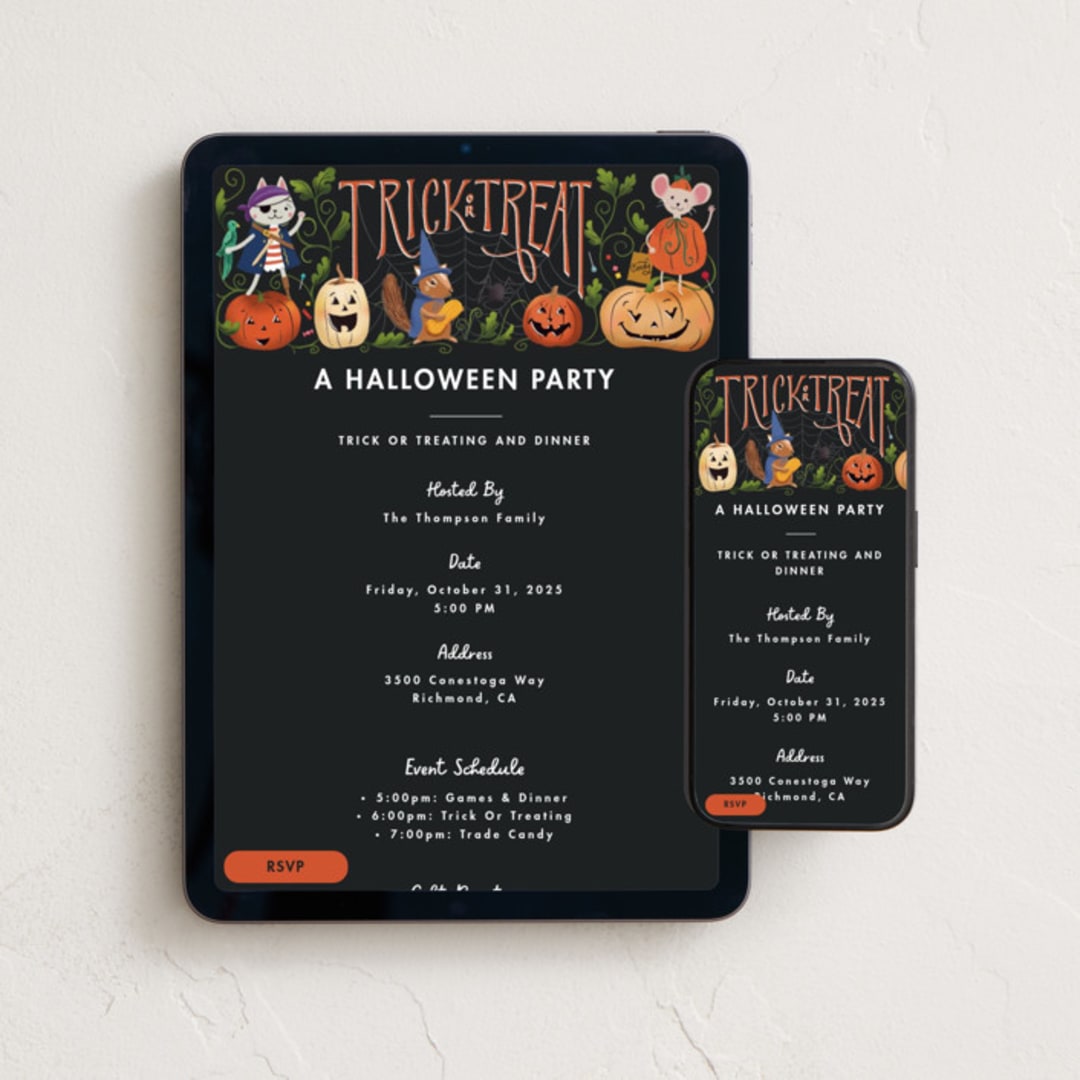 "Trick or Treat Animals" - Online Holiday Party Invitations in Chalkboard by Becky Nimoy - Mobile + desktop layout
