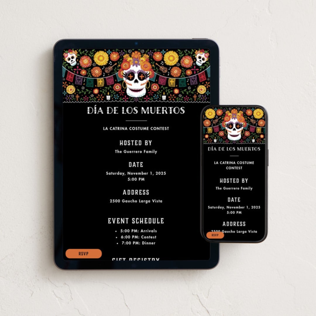 "Marigolds and Calaveras" - Online Holiday Party Invitations in Shadow by Becky Nimoy - Mobile + desktop layout