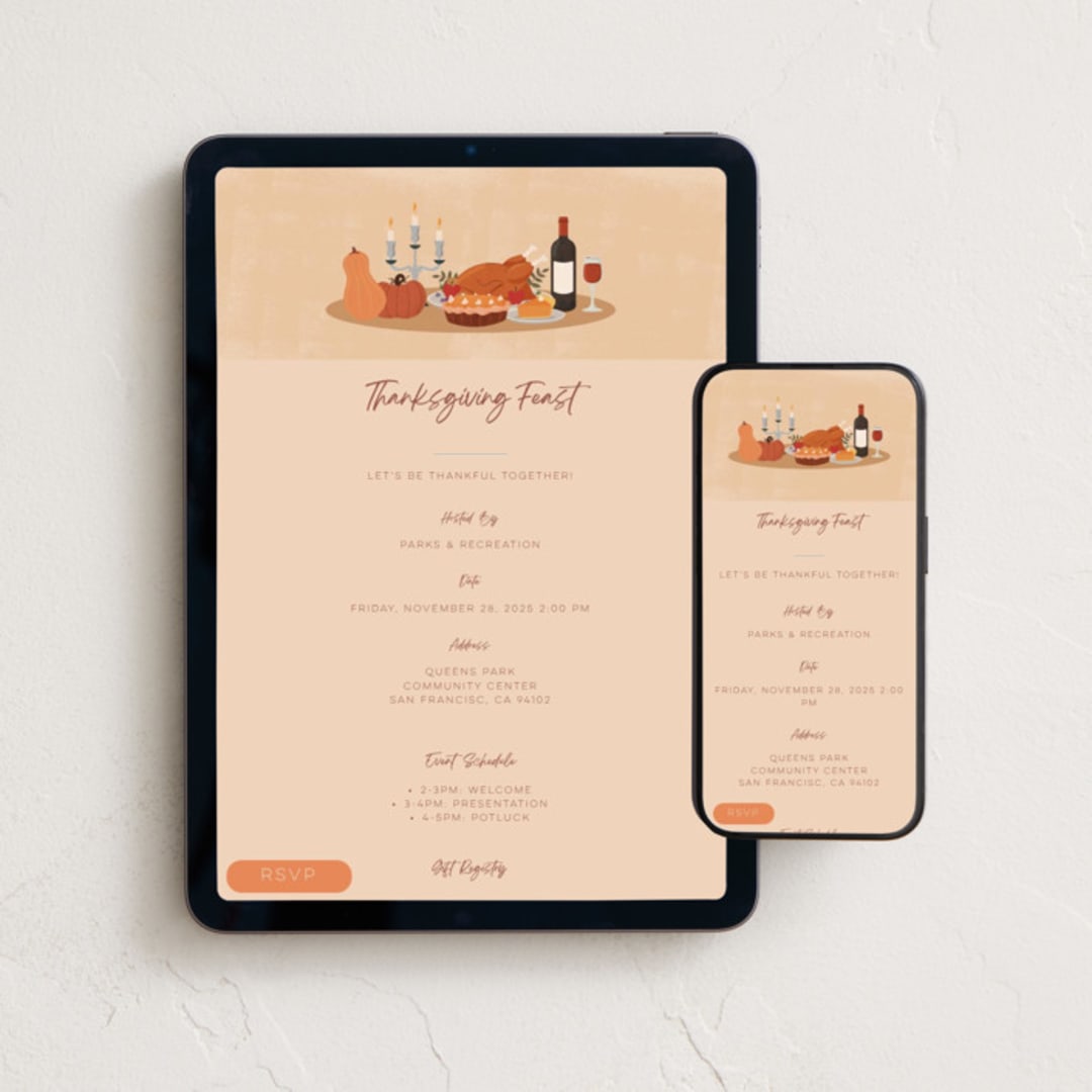 "Thanksgiving Feast" - Online Holiday Party Invitations in Pumpkin by Sherley Ferreira - Mobile + desktop layout