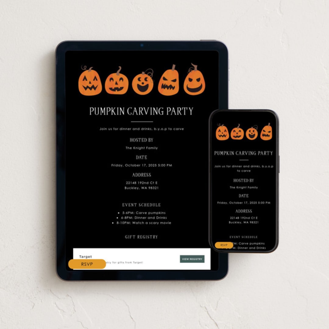 "Pumpkin Halloween" - Online Holiday Party Invitations in Midnight by Angela Garrick - Mobile + desktop layout