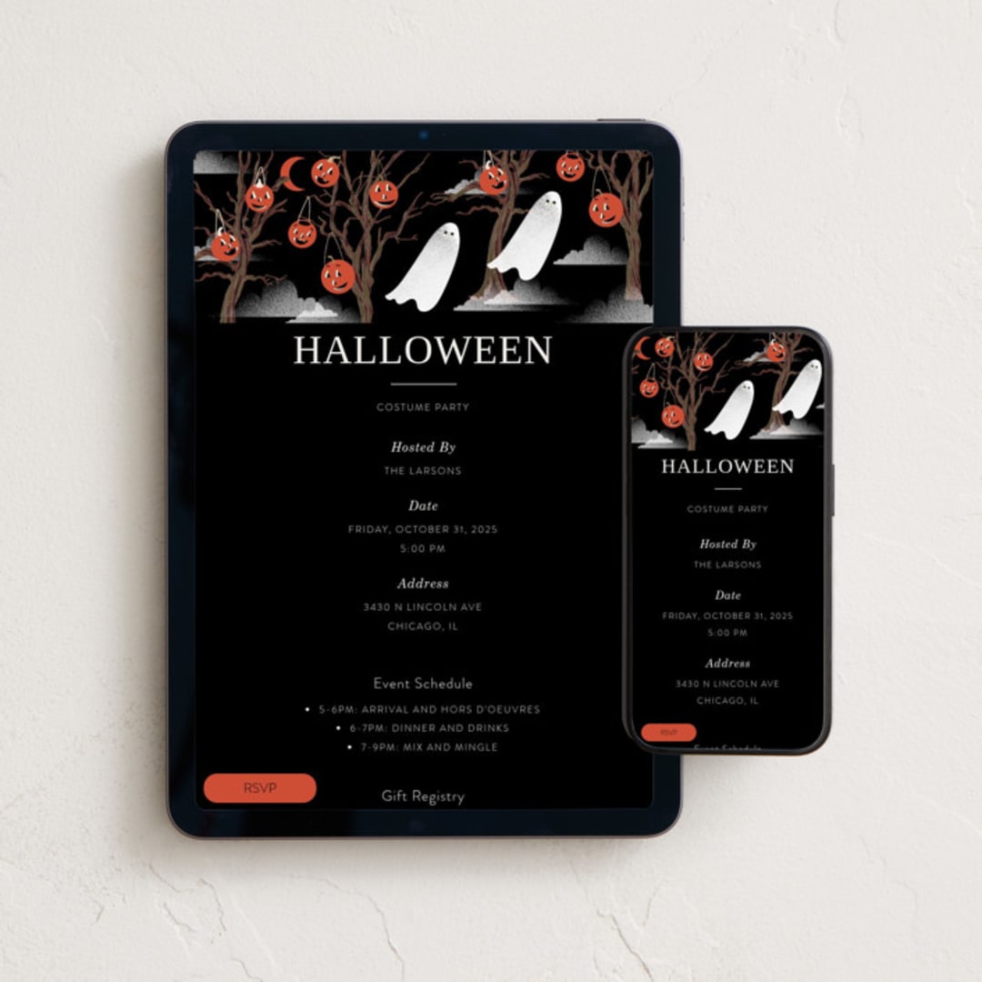 "Pumpkin Trees" - Online Holiday Party Invitations in Midnight by Baumbirdy - Mobile + desktop layout