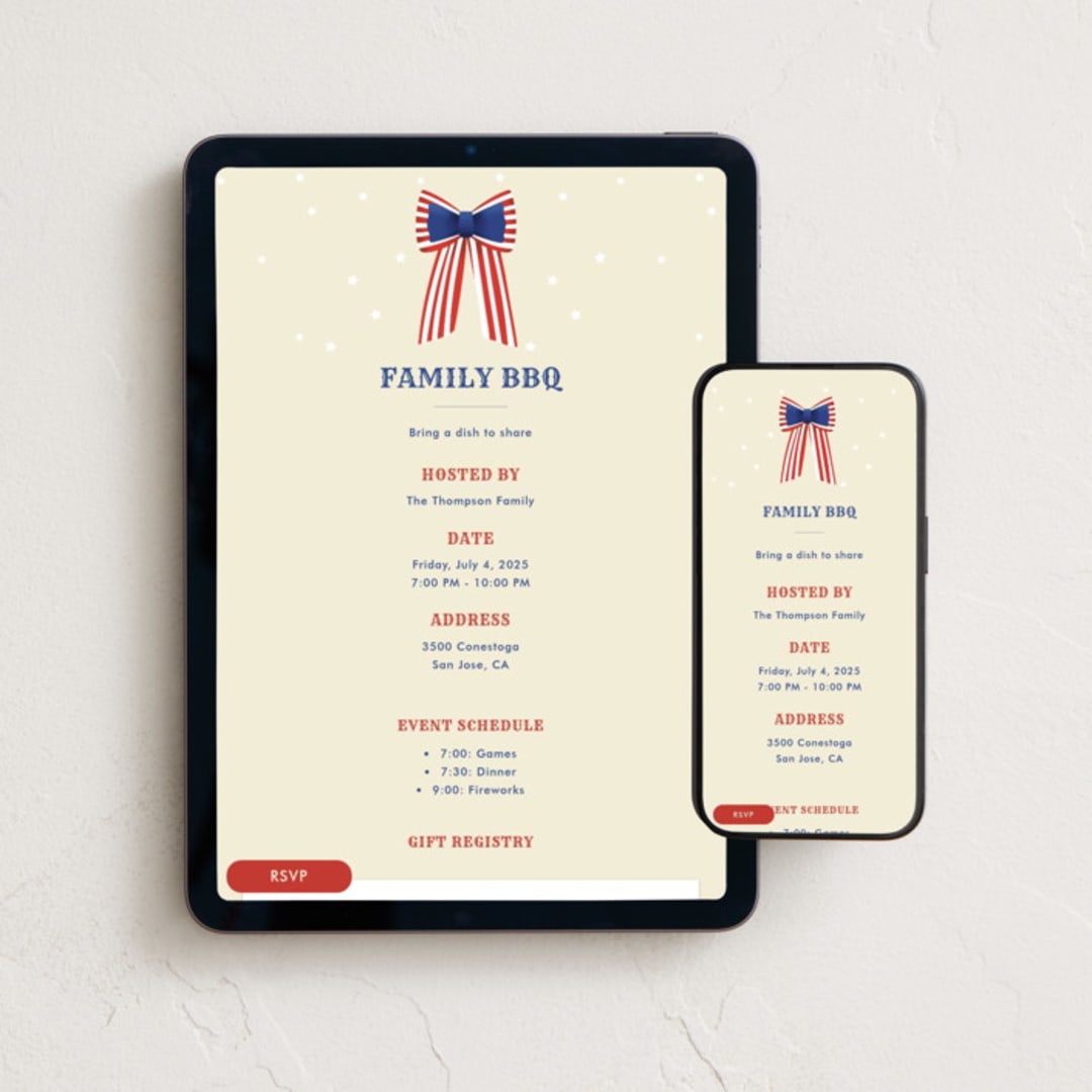 "Patriotic Bow" - Online Holiday Party Invitations in Cream by Becky Nimoy - Mobile + desktop layout