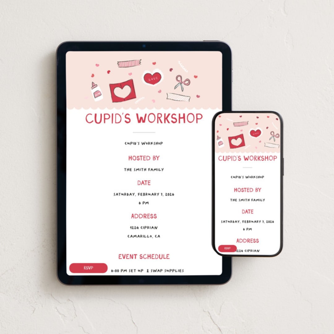 "Cupids workshop" - Online Holiday Party Invitations in Cherry by Kamala Nahas - Mobile + desktop layout