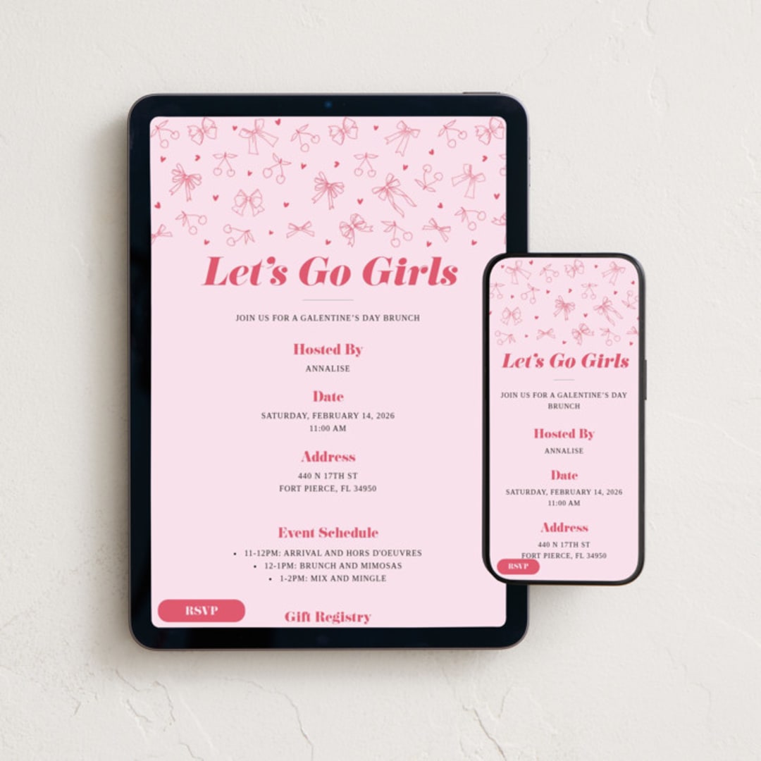"Bows & Cherries" - Online Holiday Party Invitations in Sweet by Emanuela Carratoni - Mobile + desktop layout