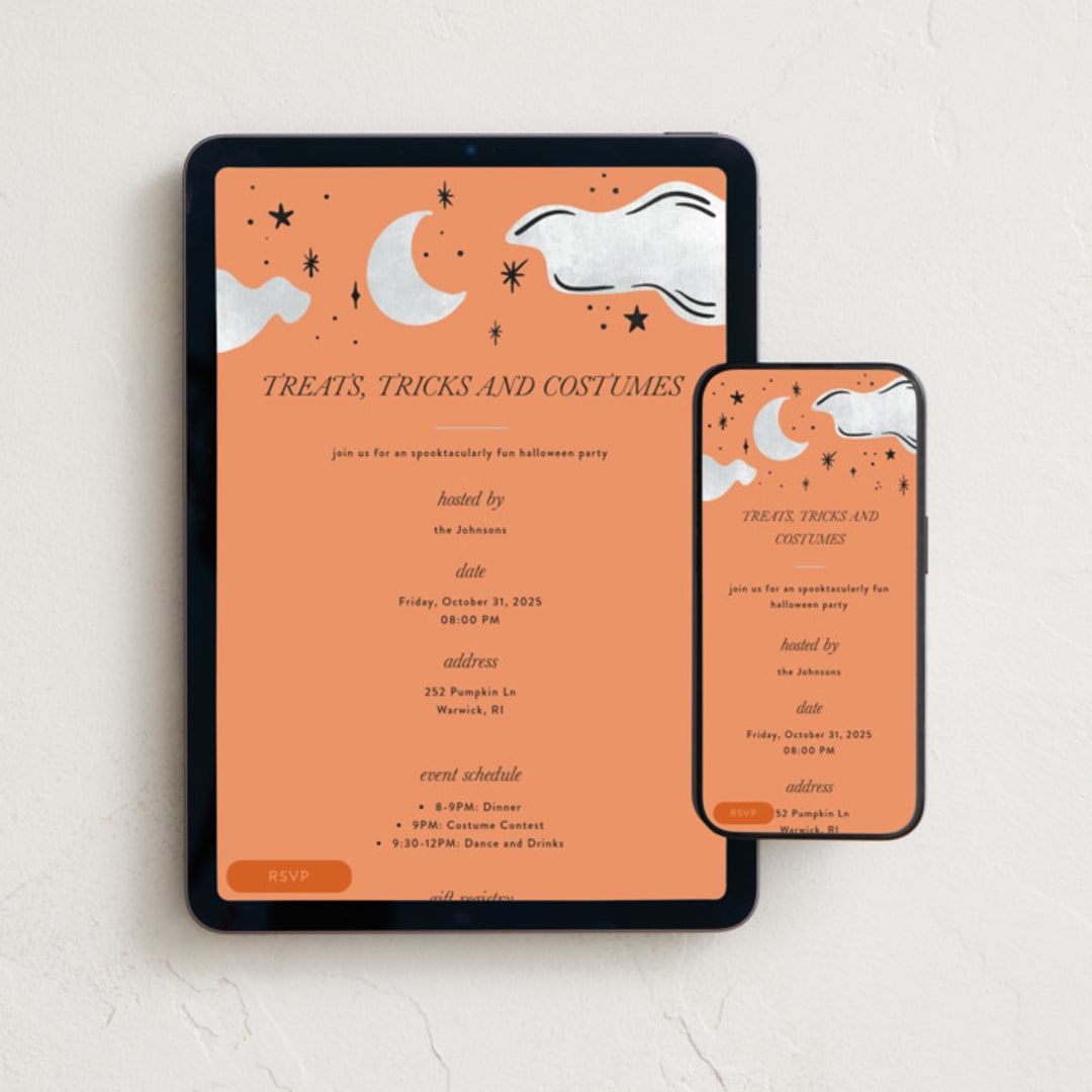 "Treats" - Online Holiday Party Invitations in Pumpkin by Tamara Hilje - Mobile + desktop layout