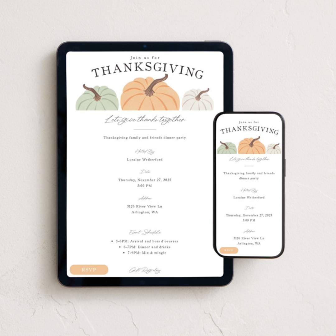 "Thanksgiving Pumpkins" - Online Holiday Party Invitations in Whip Cream by Karidy Walker - Mobile + desktop layout