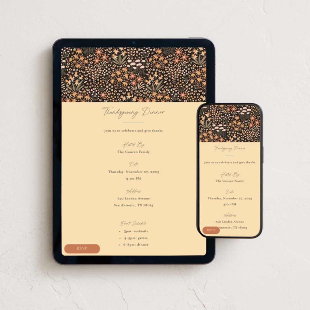 "Fall Flowers" - Online Holiday Party Invitations in Copper by Pippa Shaw - Mobile + desktop layout
