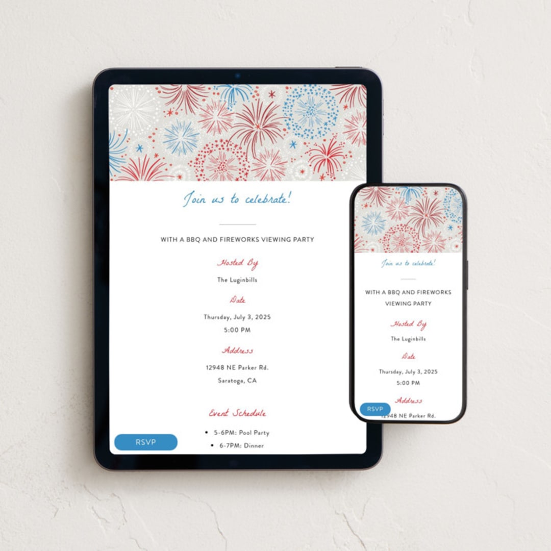 "Fireworks Display" - Online Holiday Party Invitations in Cherry by Alethea and Ruth - Mobile + desktop layout