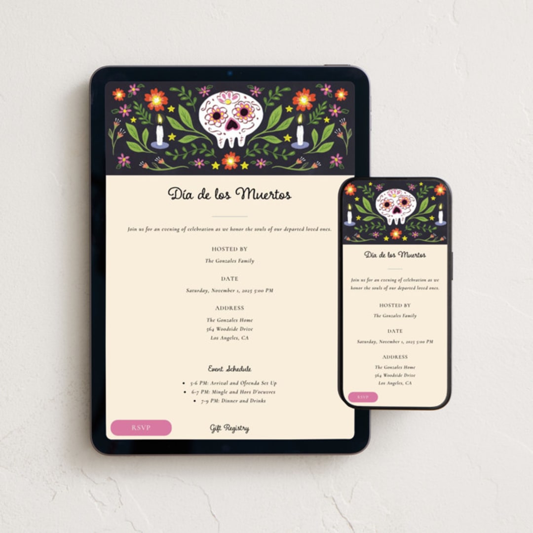 "Sugar Skull Soirée" - Online Holiday Party Invitations in Petal by Ana Sharpe - Mobile + desktop layout