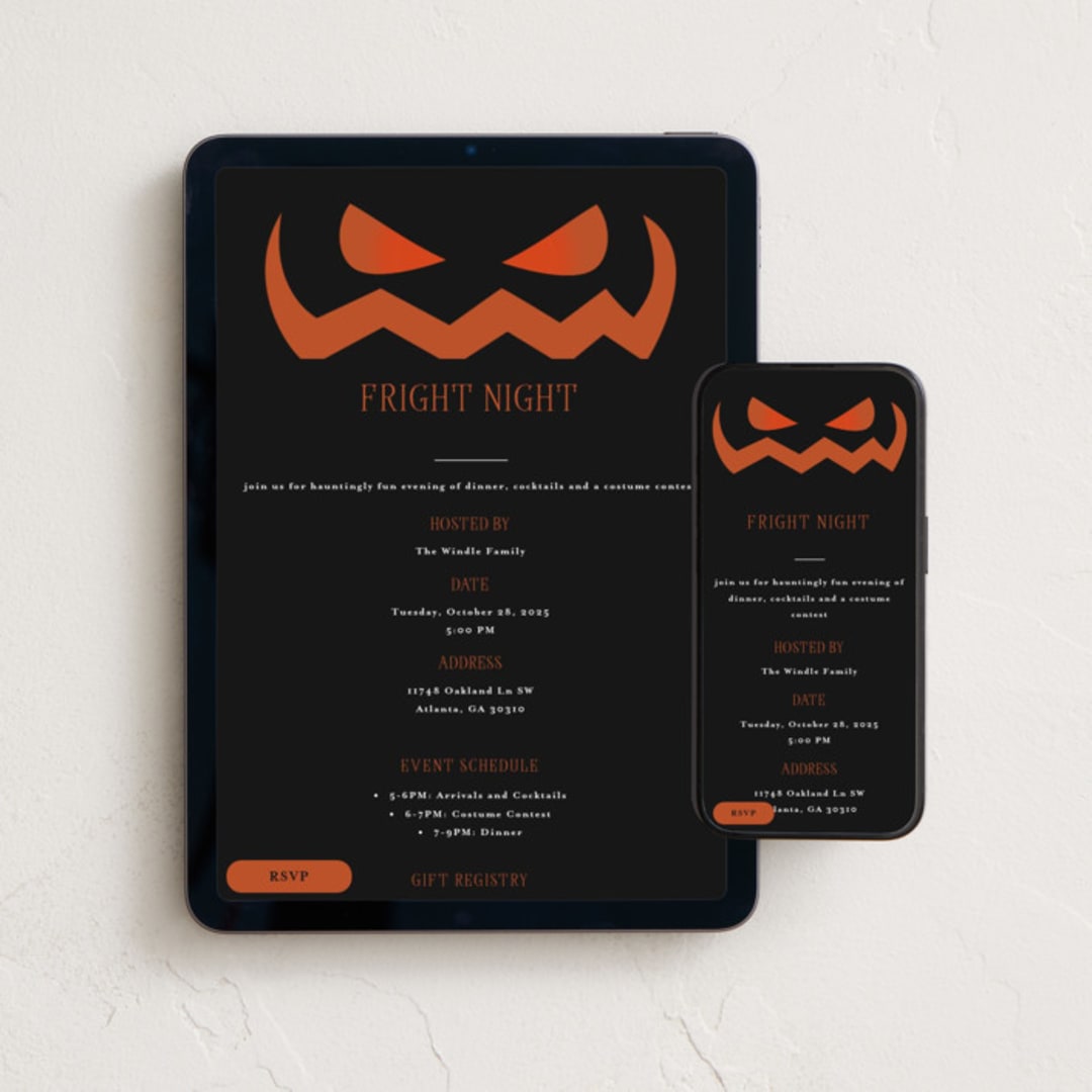 "Spooky Jack-o-lantern" - Online Holiday Party Invitations in Pumpkin by Angela Garrick - Mobile + desktop layout