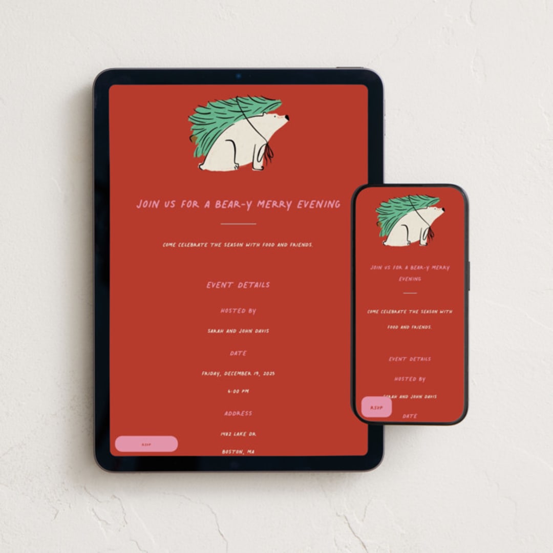 "Polar Express" - Online Holiday Party Invitations in Cherry by Inkblot Design - Mobile + desktop layout