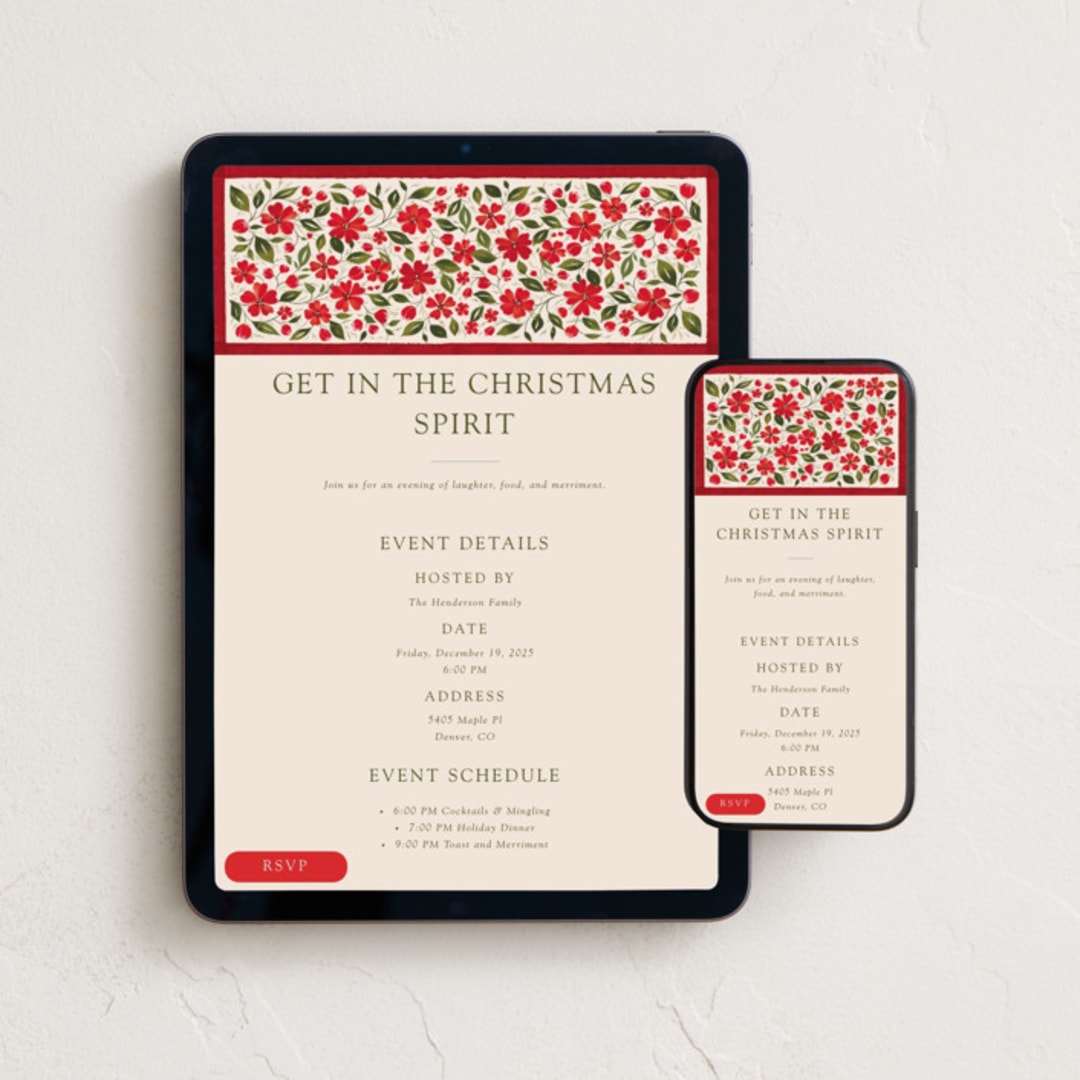 "Florale" - Online Holiday Party Invitations in Poinsettia by Erin L. Wilson - Mobile + desktop layout