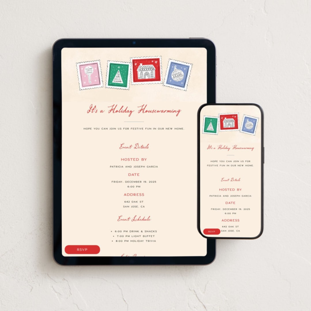 "New Holiday Home" - Online Holiday Party Invitations in Ornament by Pixel and Hank - Mobile + desktop layout