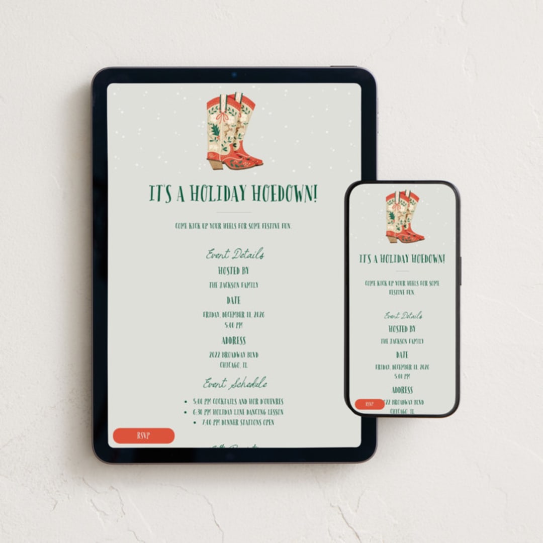 "Howdy Holidays Boots" - Online Holiday Party Invitations in Fog by Leia Matt - Mobile + desktop layout