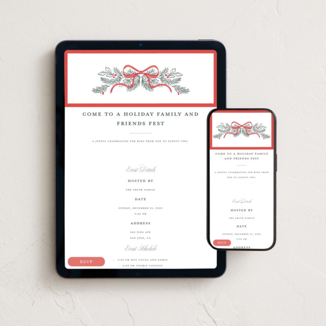 "Bough and Bow" - Online Holiday Party Invitations in Candy Cane by Itsy Belle Studio - Mobile + desktop layout