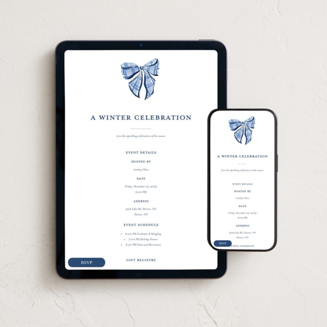"Plaid bows" - Online Holiday Party Invitations in Frosted by Sarah Knight - Mobile + desktop layout