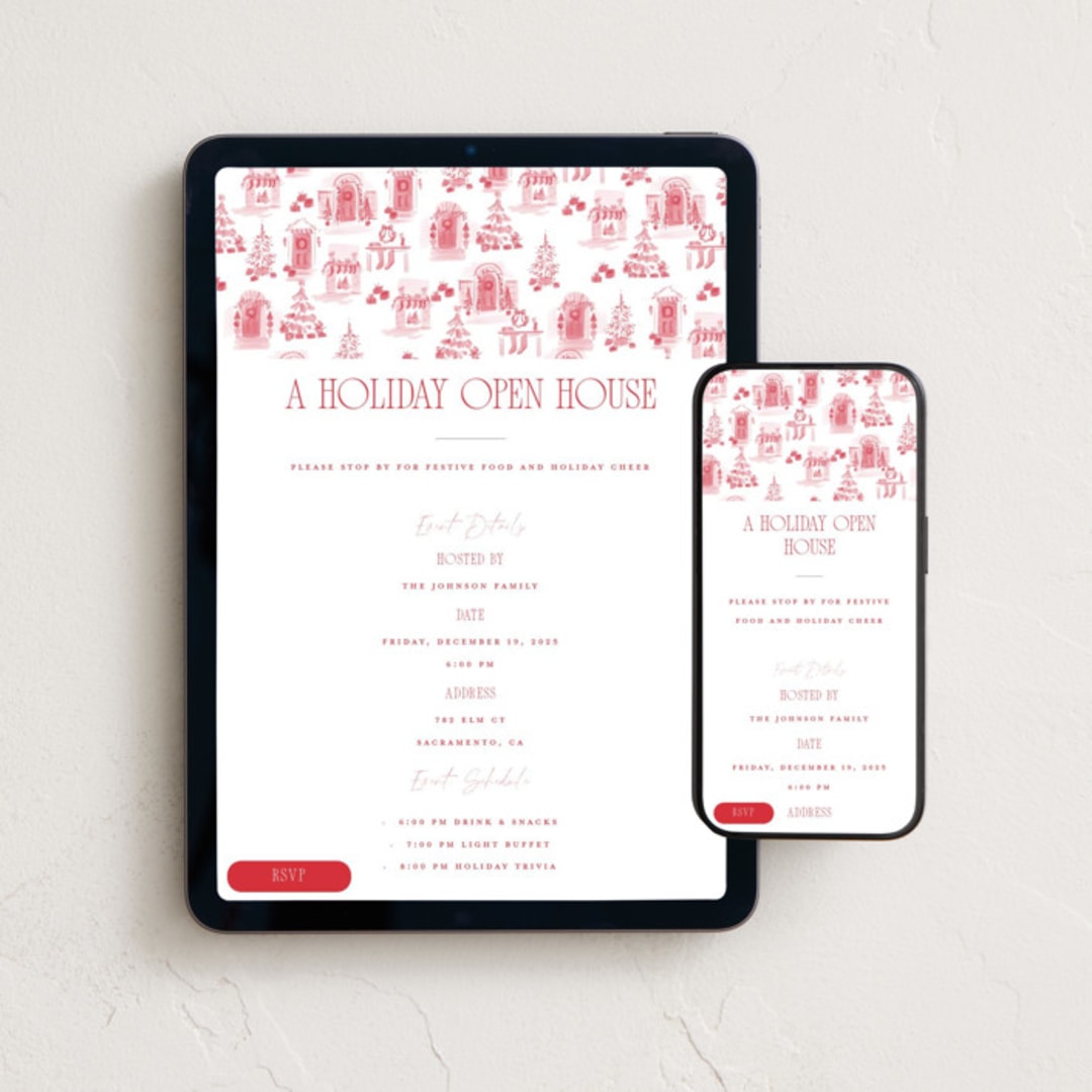 "holiday home toile" - Online Holiday Party Invitations in Peppermint by Rebecca Durflinger - Mobile + desktop layout