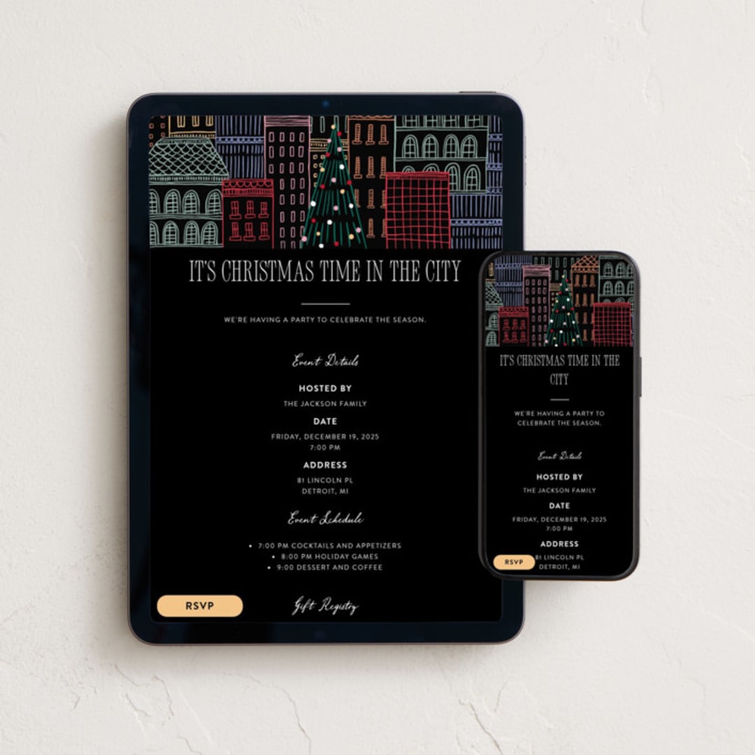 "Holiday City" - Online Holiday Party Invitations in Eclipse by Pixel and Hank - Mobile + desktop layout