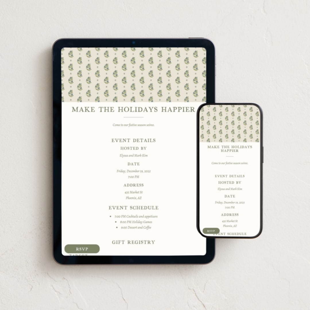 "Block Print Holiday" - Online Holiday Party Invitations in Evergreen Berry by Chelsea Petaja - Mobile + desktop layout