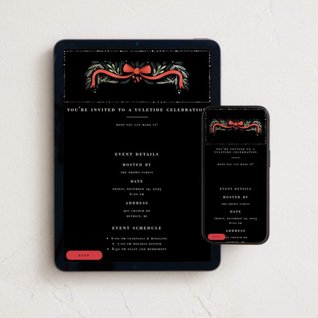 "Festive Ribbon & Fir" - Online Holiday Party Invitations in Midnight by Hannah Williams - Mobile + desktop layout