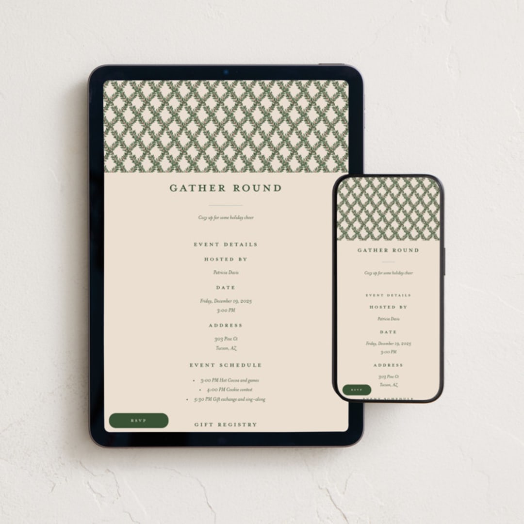 "Holly Trellis" - Online Holiday Party Invitations in Eggnog by Leah Bisch - Mobile + desktop layout