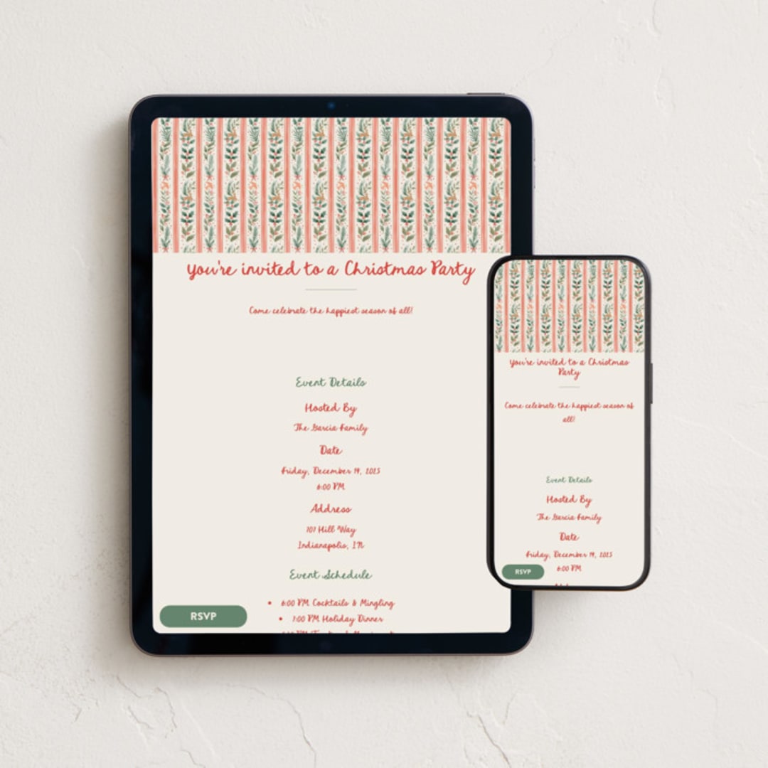 "Festive Stripes" - Online Holiday Party Invitations in Cherry by Elly - Mobile + desktop layout