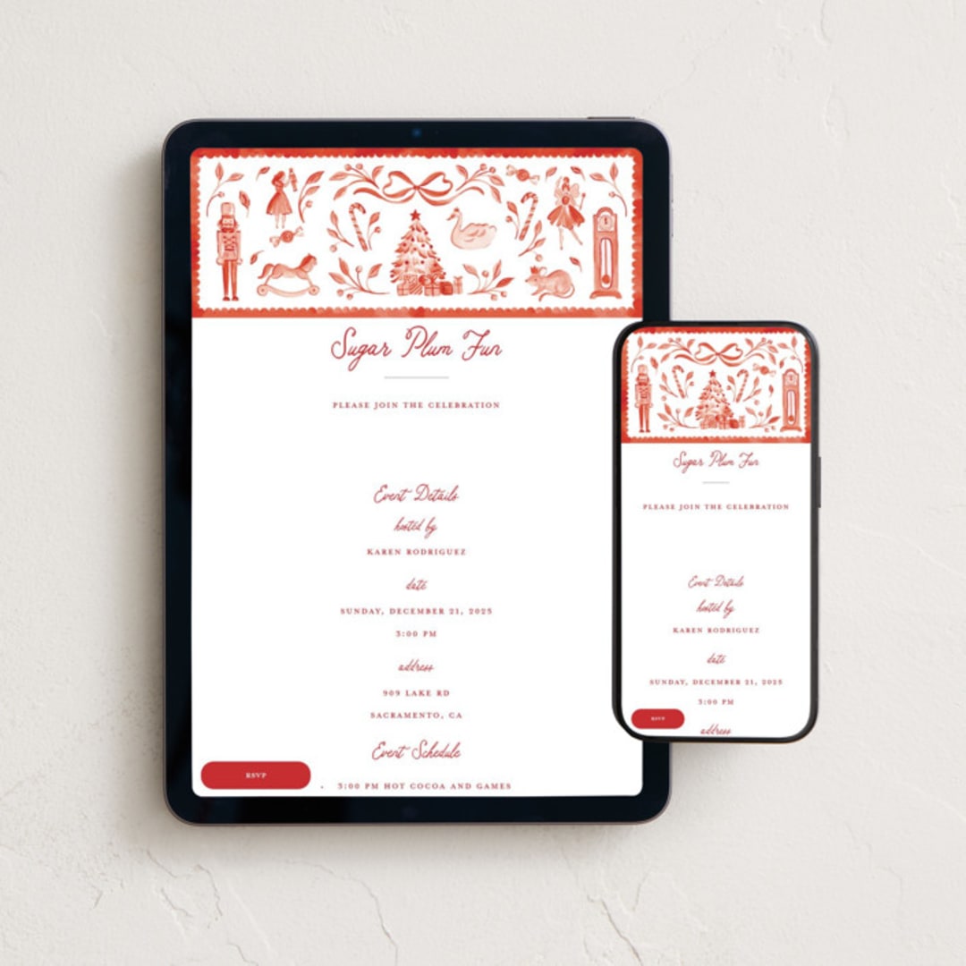 "The Nutcracker" - Online Holiday Party Invitations in Red Ribbon by Sarah Knight - Mobile + desktop layout