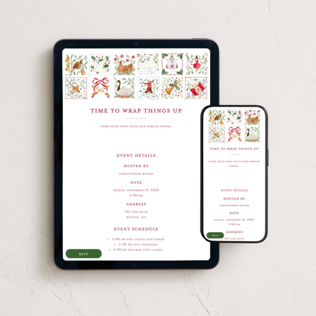 "12 days of Christmas stamps" - Online Holiday Party Invitations in Cranberry by Sarah Knight - Mobile + desktop layout