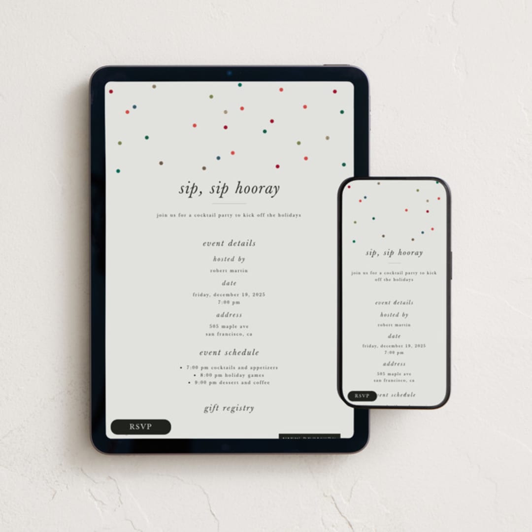 "confetti christmas" - Online Holiday Party Invitations in Mist by Lori Wemple - Mobile + desktop layout