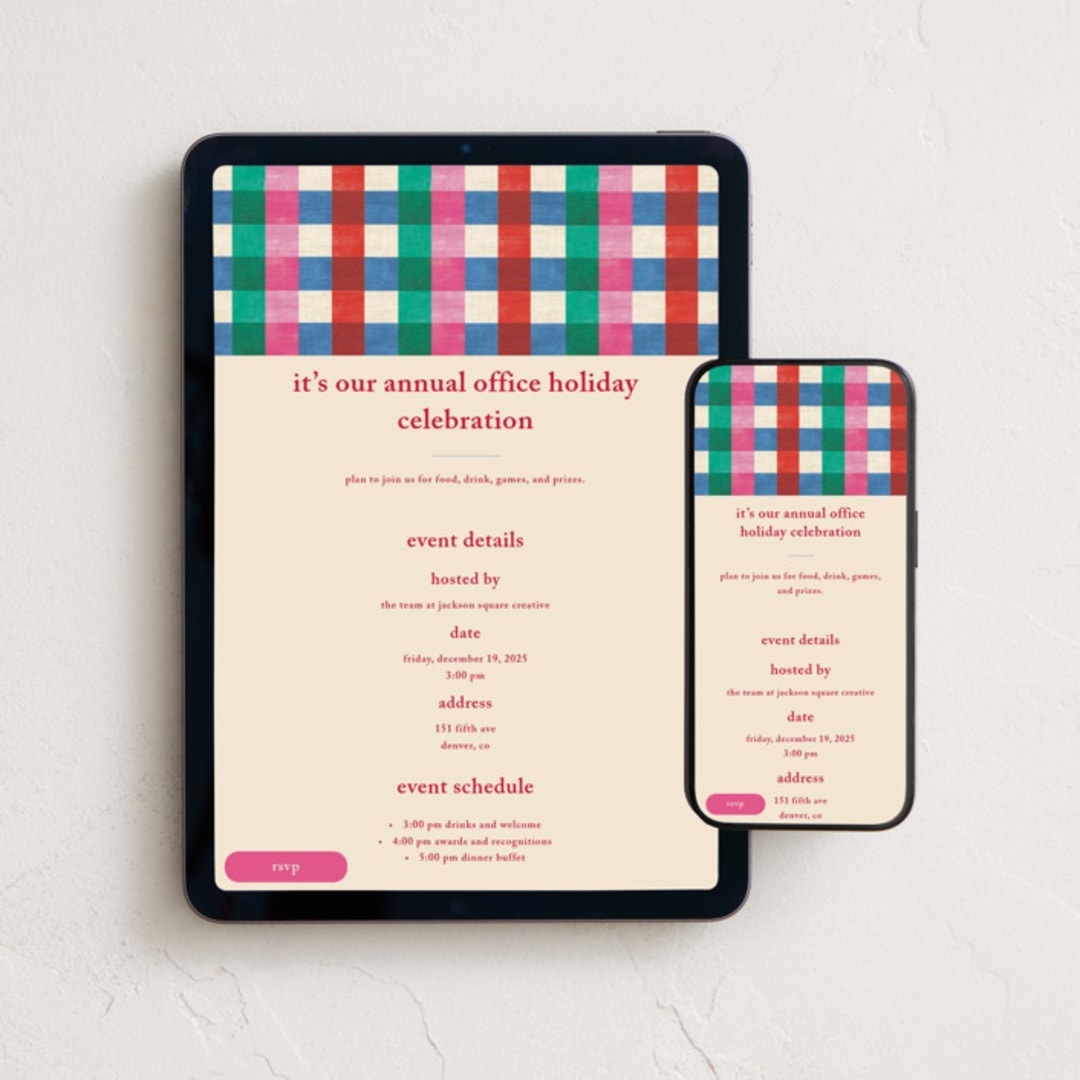 "Playful Plaid" - Online Holiday Party Invitations in Candy by Baumbirdy - Mobile + desktop layout